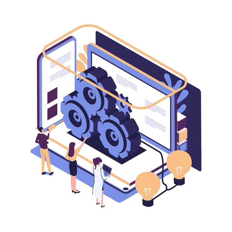 Vector trabajo en equipo para encontrar nuevas ideas gente pequeña lanza un mecanismo búsqueda de nuevas soluciones vector de trabajo creativo