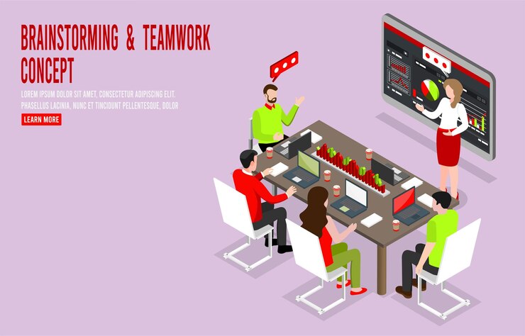 Vector trabajo en equipo de gente de negocios reunida y lluvia de ideas