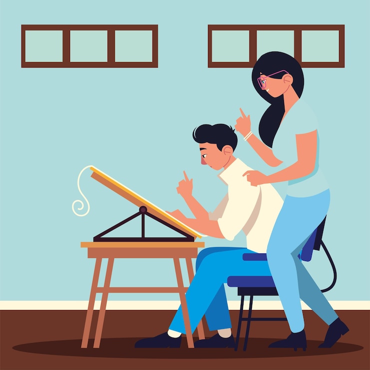 Vector trabajo en equipo hombre mujer escritorio oficina