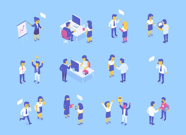 Trabajo en equipo Isométrico Empresarios personajes vectoriales planos