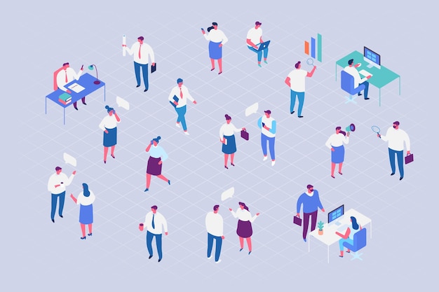Trabajo en equipo Isométrico Empresarios personajes vectoriales planos