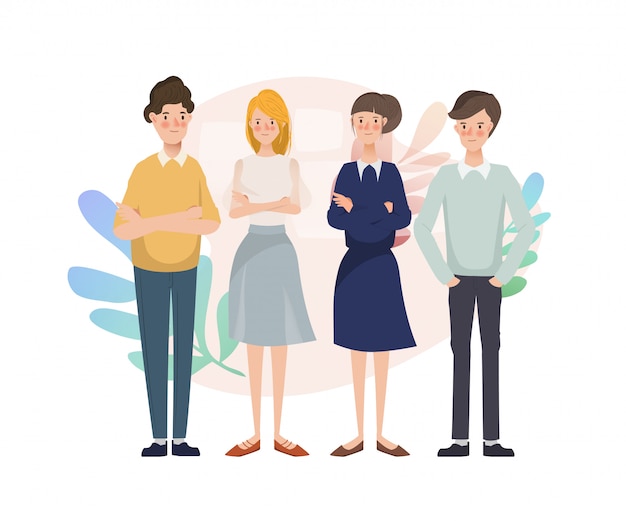 Trabajo en equipo joven gente de negocios carácter grupo de intercambio de ideas.
