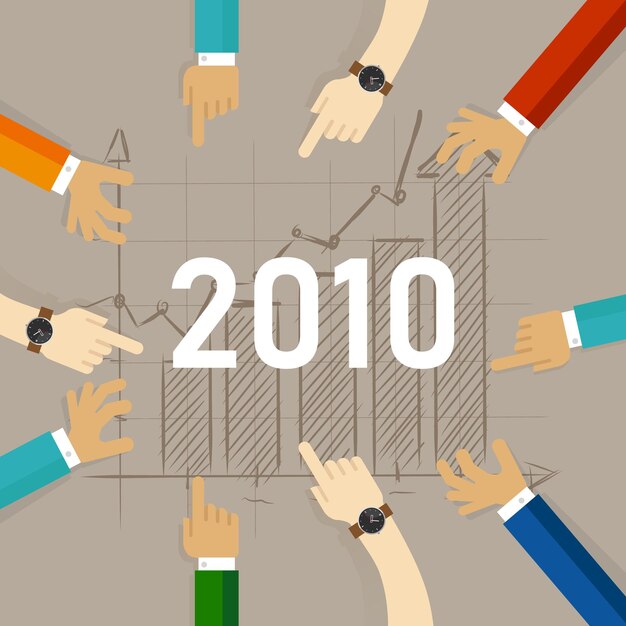 Trabajo en equipo juntos fijar objetivos de crecimiento para 2010 Manos apuntando a gráfico de crecimiento