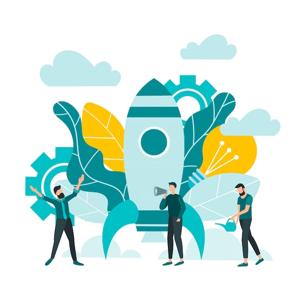 Trabajo en equipo en el lanzamiento de un nuevo cohete de inicio como símbolo de una ilustración de vector de proyecto exitoso
