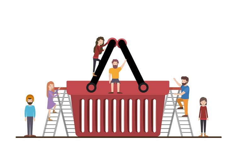 Vector trabajo en equipo mini personas haciendo cesta de la compra