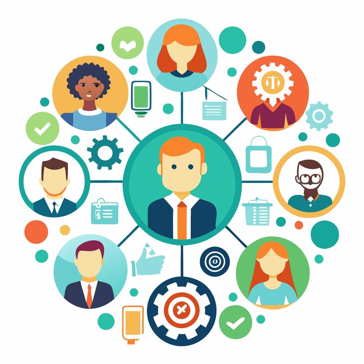 Vector trabajo en equipo de negocios y concepto de comunicación con diversas personas avatares e íconos