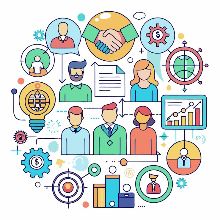 Vector trabajo en equipo de negocios y concepto de éxito con personas apretón de manos engranajes de bombilla y gráficos