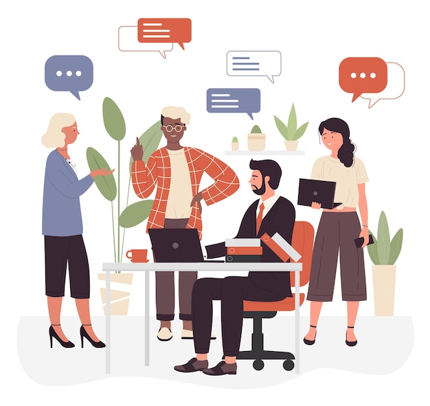 Trabajo en equipo de negocios en la oficina de espacio abierto, trabajadores de la oficina corporativa, personas reunidas charlando