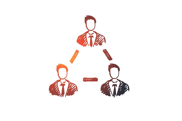 Trabajo en equipo, negocios, personas, cooperación, concepto de amistad. Boceto de concepto de coworking juntos de personas dibujadas a mano.