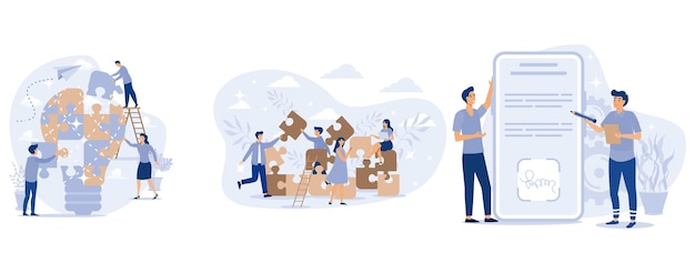 Trabajo en equipo de negocios en rompecabezas de bombillas creativas Comunidad de gente de negocios construyendo trabajo en equipo