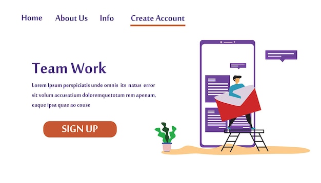 Trabajo en equipo de la página de destino para la tecnología empresarial de ideas, concepto de ilustración vectorial moderna para la plantilla de sitio web y el desarrollo de sitios web móviles