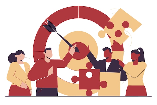 Trabajo en equipo personas con objetivos y piezas de rompecabezas arte de ilustración en fondo blanco