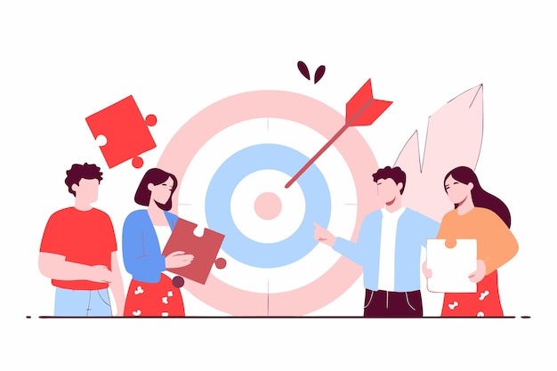 Trabajo en equipo personas con objetivos y piezas de rompecabezas arte de ilustración en fondo blanco