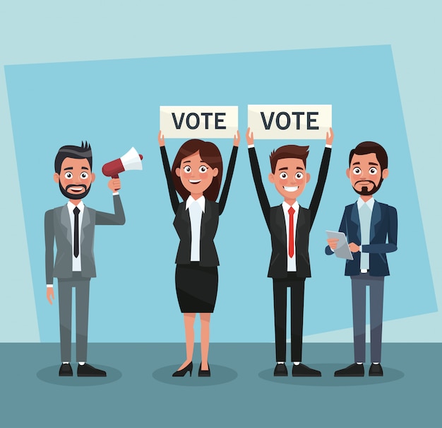 Trabajo en equipo de políticos en caricaturas de campañas de votación