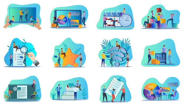 Trabajo en equipo de reclutamiento WiFi de banca de conferencia en línea Un conjunto de ilustraciones vectoriales planas