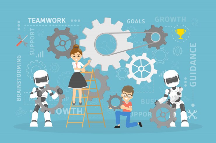 Vector trabajo en equipo con robots.