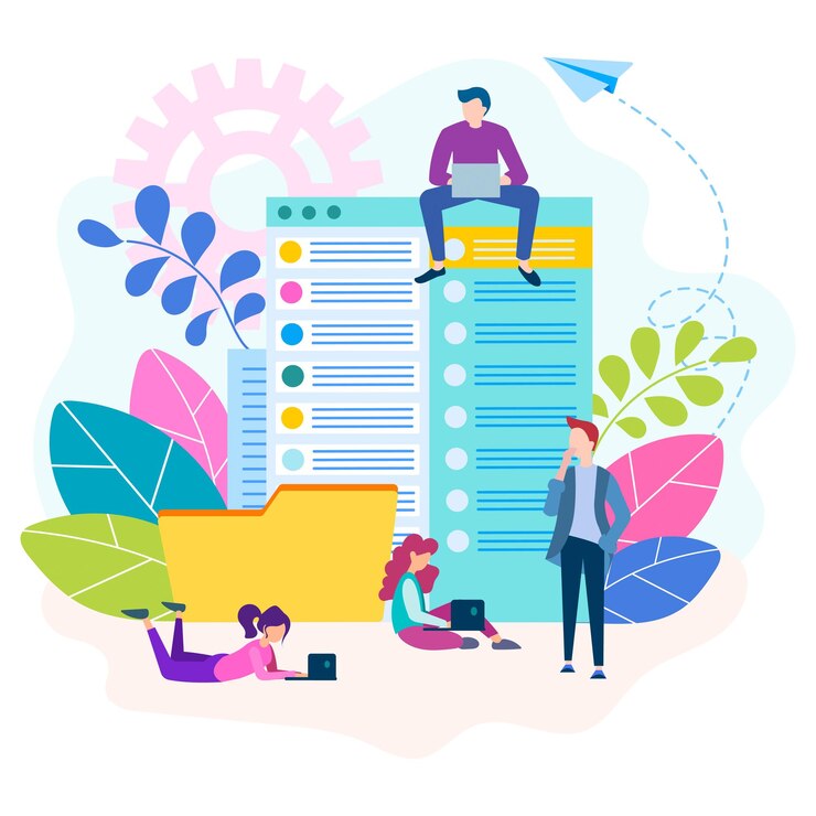 Vector trabajo en equipo sobre la documentación en la oficina conceptual flujo de documentos ilustración vectorial