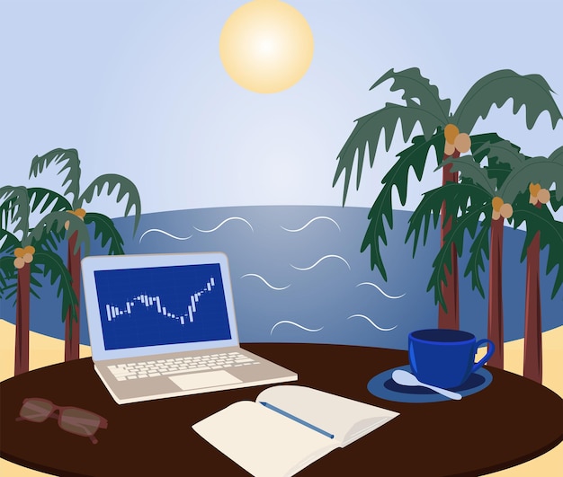 Trabajo independiente en el mar Comercio en línea con computadora portátil en la mesa