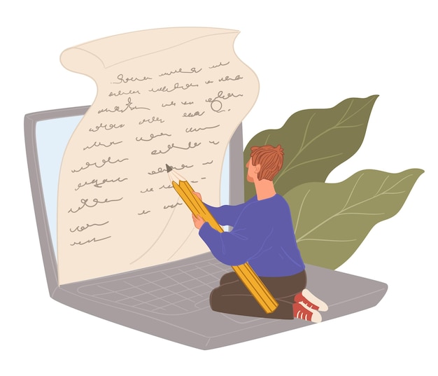 Trabajo independiente o redacción de artículos de escritura de personajes masculinos en un trozo de papel Estudiante haciendo deberes Periodista usando técnicas de narración para texto Composición de contenido para web Vector en estilo plano