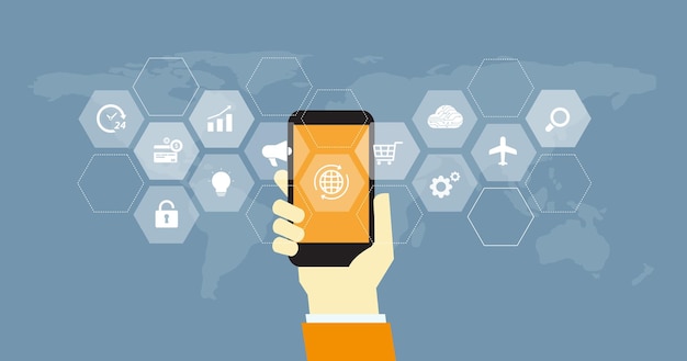 trabajo inteligente en línea en el móvil y trabajo en el concepto de redes sociales