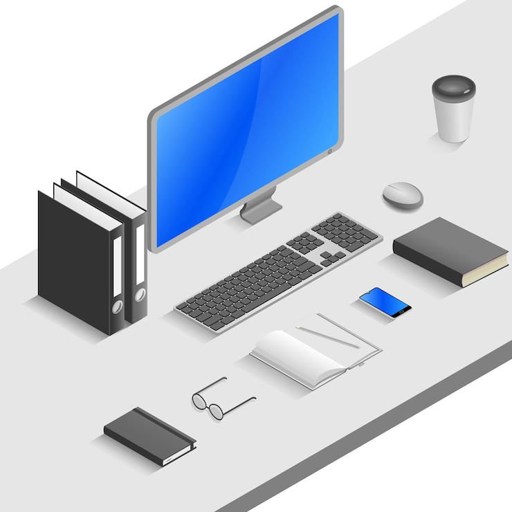Vector trabajo, lugar de trabajo de oficina, escritorio con computadora portátil y documentos, bloc de notas, carpeta y taza de café, vector 3d isométrico
