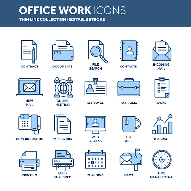 Trabajo de negocios y oficina Documentos de papeleo Empresario Set de iconos web de línea azul delgada Colección de iconos de esquema Ilustración vectorial