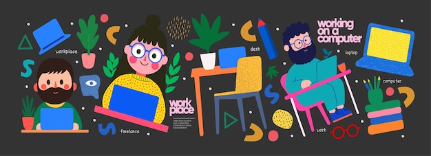 Trabajo en la oficina y en casa en la computadora y portátil Vector ilustración abstracta de freelance