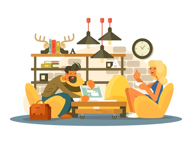 Trabajo de oficina de coworking. hombre y mujer trabajando en una cómoda silla. ilustración vectorial