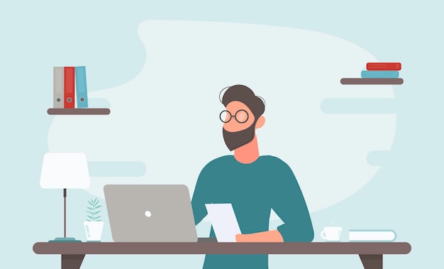 Trabajo de oficina y trabajo a distancia, autónomo. Hombre joven que trabaja en la computadora. Ilustración de vector de estilo plano.