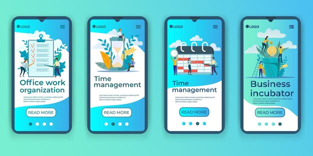 Trabajo de oficinaGestión del tiempo Incubadora de negociosUn conjunto de interfaces UI UX para pantallas de teléfonos inteligentes