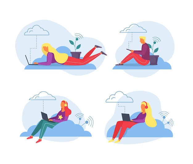 Trabajo portátil con almacenamiento en la nube, ilustración vectorial. Carácter de personas hombre mujer plana trabajando por computadora, tecnología en línea para negocios.