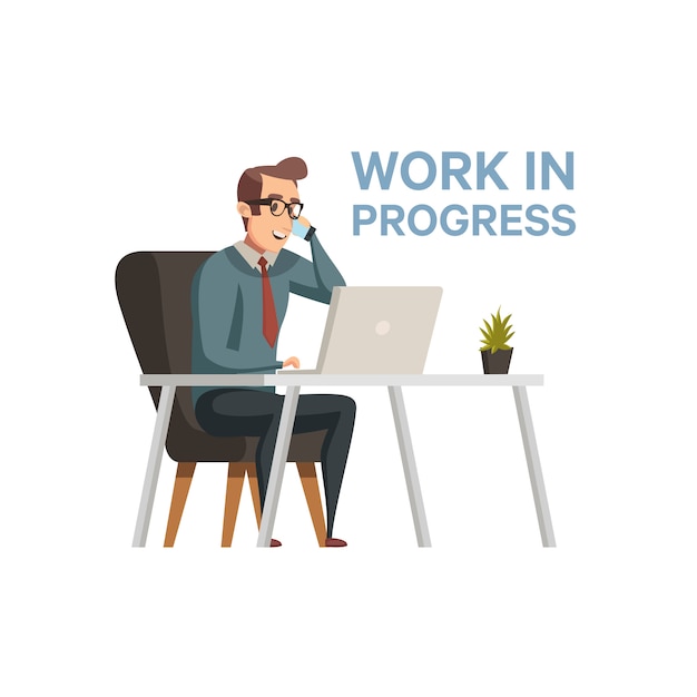 Trabajo en progreso. Ilustración de personaje de empresario en estilo de dibujos animados plana. Trabajo en progreso. Inicio de negocios. Oficina moderna Codificación, desarrollo de software. Programador trabajando con laptop.