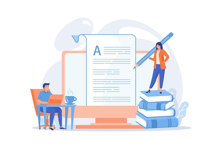 Vector trabajo remoto de creación de contenido, artículos, redacción de textos y edición. mercadotecnia interna. trabajo de redacción,