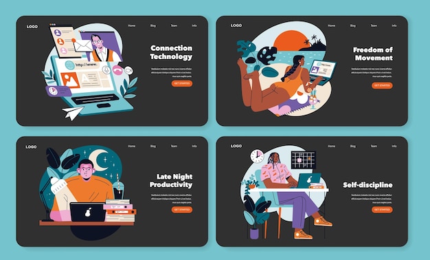 El trabajo remoto establece nómadas digitales que se involucran en tareas en línea horas de trabajo flexibles y autodisciplina en