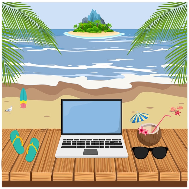 Trabajo remoto independiente Laptop Vacaciones de verano en la playa Isla tropical
