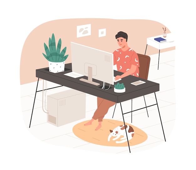 Trabajo remoto en línea desde la oficina en casa. hombre independiente que trabaja en un lugar de trabajo moderno y acogedor con escritorio y computadora de escritorio, y un lindo gato. ilustración de vector gráfico plano coloreado aislado sobre fondo blanco