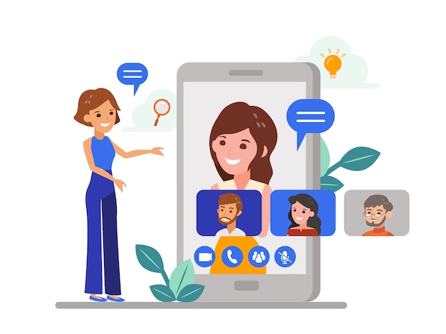 Trabajo remoto con una reunión del equipo de negocios realizada a través de una videoconferencia. Ilustración de concepto de reunión en línea de estilo de diseño plano. Seminario web en línea, formulario de trabajo en casa.