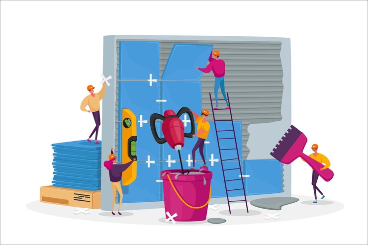 Vector trabajos de construcción y renovación de viviendas, pequeños trabajadores, personajes masculinos femeninos, colocando enormes cerámicas en la pared