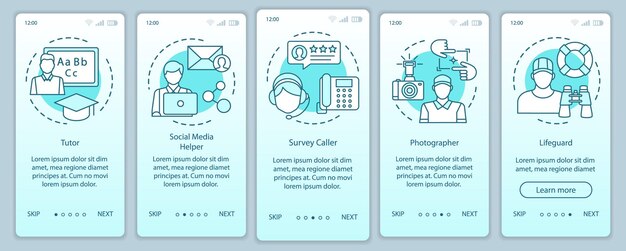 Trabajos a tiempo parcial turquesa onboarding mobile app page screen vector Tutor, fotógrafo, socorrista. Pasos del sitio web del tutorial con ilustraciones lineales. Concepto de interfaz de teléfono inteligente UX, UI, GUI