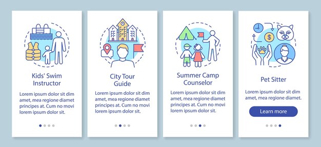 Trabajos de verano a tiempo parcial incorporando la pantalla de la página de la aplicación móvil con conceptos lineales. Instructor de natación, guía turística, paso a paso, instrucciones gráficas. UX, UI, plantilla de vector de GUI con ilustraciones