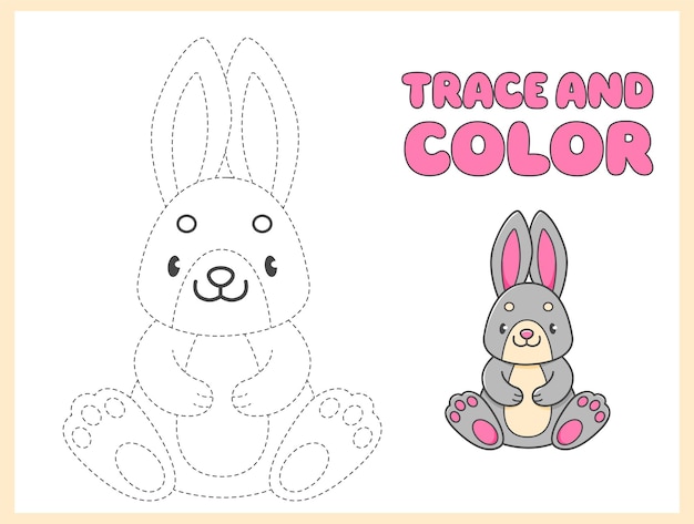 Trace y colorear libro de colorear con conejo gris para niños Página de colorear Con conejo de dibujos animados