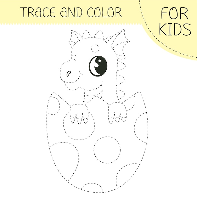 Trace y colorear libro de colorear con dragón en el huevo para niños Página de colorear Con dragón de dibujos animados lindo