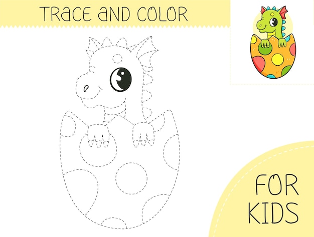 Trace y colorear libro de colorear con dragón lindo en el huevo para niños Página de color con dragón de dibujos animados
