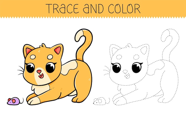 Trace y colorear libro de colorear con gato lindo para niños Página de colorear Con gato de dibujos animados