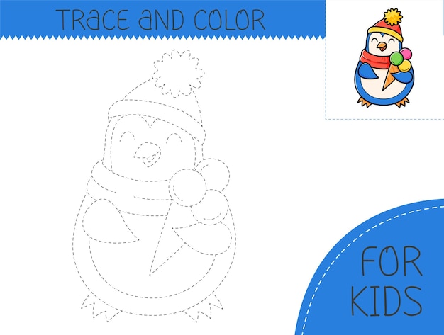 Trace y colorear libro de colorear con pingüino con helado para niños Página de colorear Con dibujos animados de pingüino Ilustración vectorial para niños