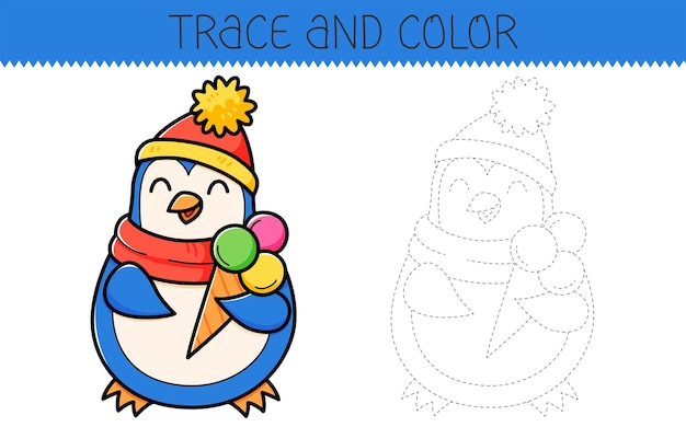 Trace y colorear libro de colorear con pingüino con helado para niños página de colorear con pingüino de dibujos animados con helado ilustración vectorial