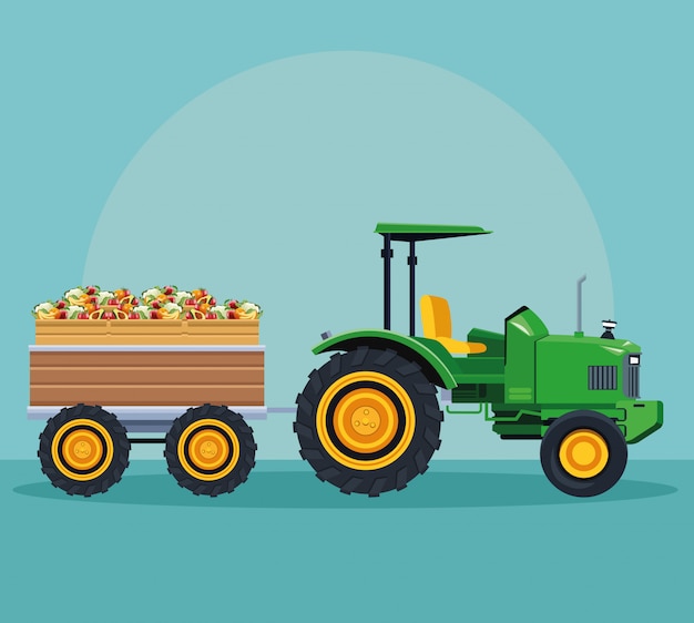 Tractor agrícola empujando frutas con carro