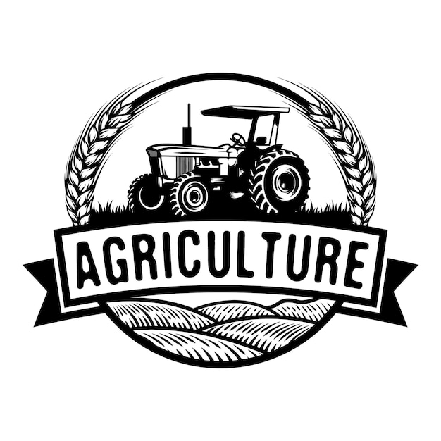 Tractor agrícola vintage en diseño de insignia de colinas verdes onduladas