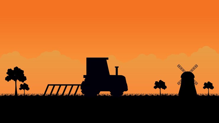 Tractor arando el campo en el paisaje de la aldea rural