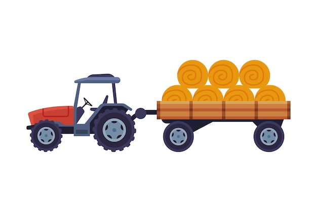 Tractor con balas de heno en el carro Maquinaria agrícola Ilustración vectorial de dibujos animados en fondo blanco